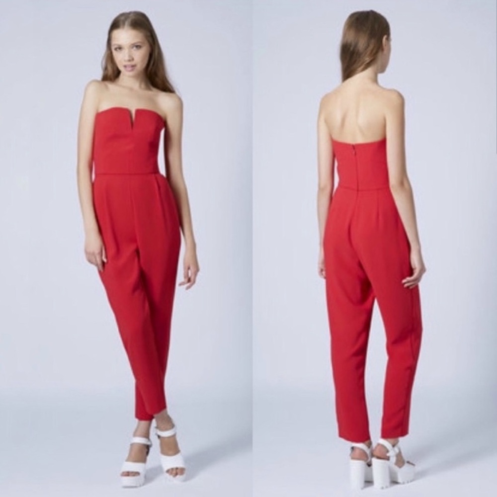 TOPSHOP Strapless Plunge Red Valentine Jumpsuit